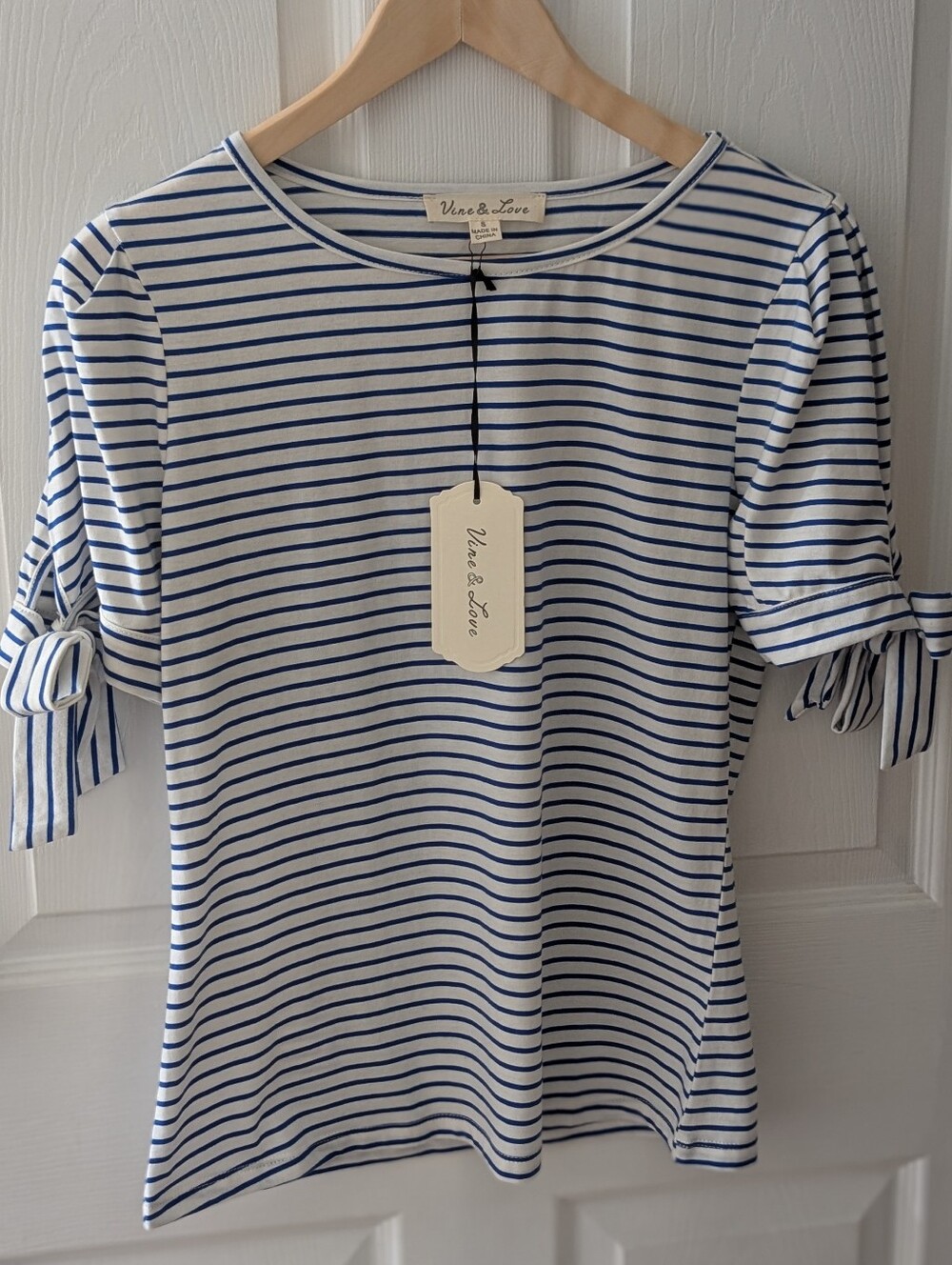 Vine & Love Navy and White Striped Tie-Sleeve Tee - Nautical Seaside Scandi NWT